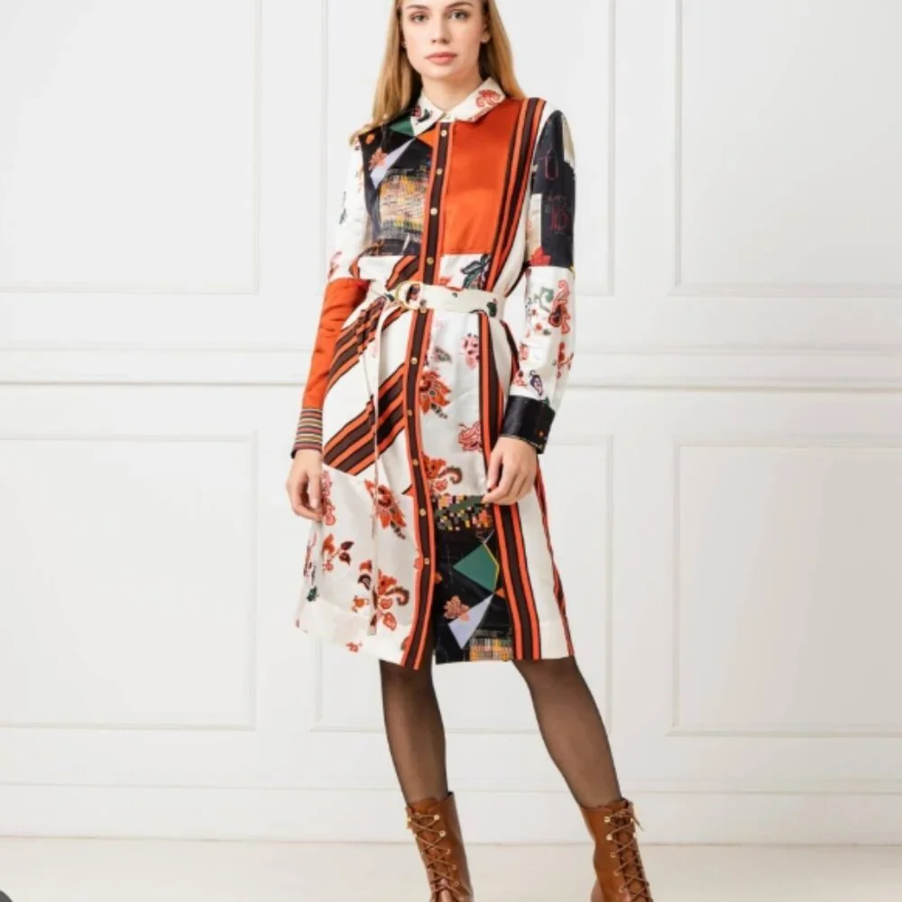 NWOT Tory Burch Printed Patchwork Silk-blend Shirt Midi Dress XS $628